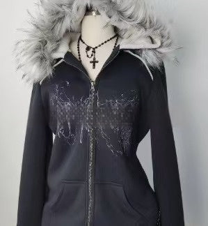 American Retro Street Printing Zipper Hooded Sweatshirt