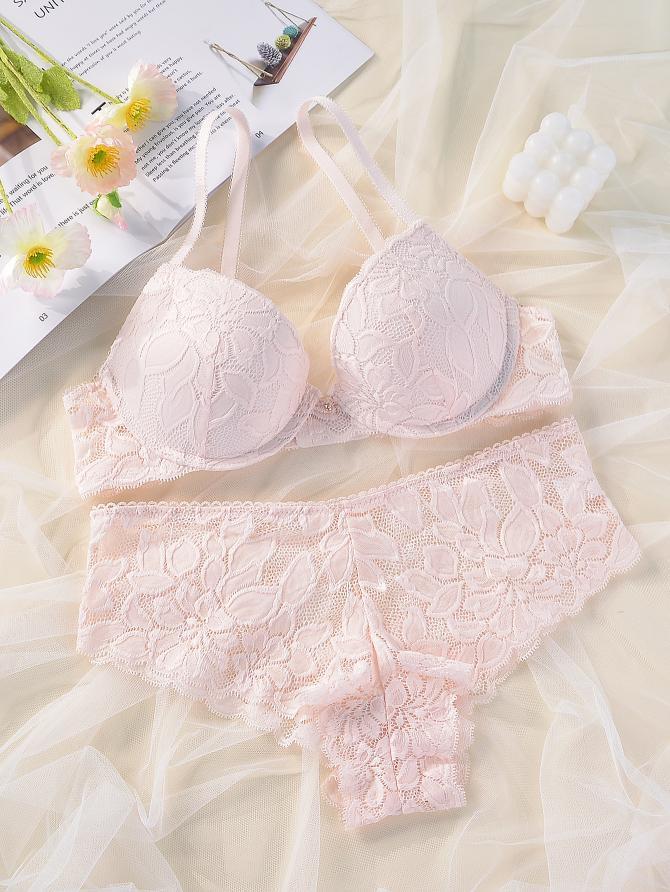 French Casual Steel Ring Lace Bra Panties Set Casual Push Up Fixed Cup Without Deformation
