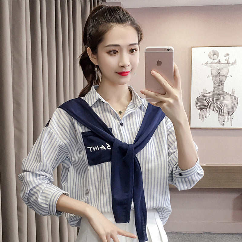 Shawl Stitching Fake Two Striped Long-sleeved Shirts