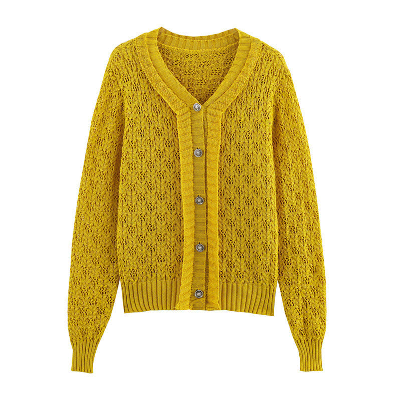 Lemon Yellow Ruffled Hollow-out Short Knitted Cardigan