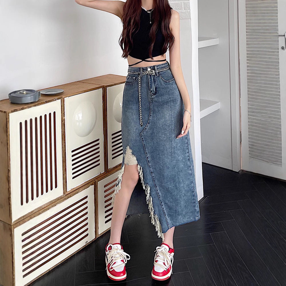 Design Irregular Slit Denim Skirt For Women Summer Retro Slim Mid-length Hip-wrapped A-line Skirt