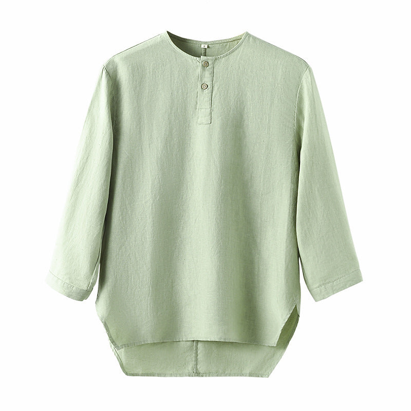 Casual Linen Men's Simple Round Neck 34 Sleeves Linen T-shirt Loose Breathable Top