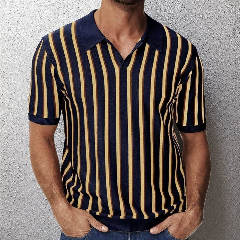 High Quality Summer Lapels Temperament Striped Knitted Polo Shirt