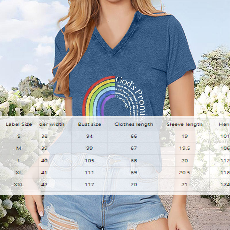 Women's Rainbow Letter Pattern V-Neck T-Shirt Casual Short Sleeve Summer Top
