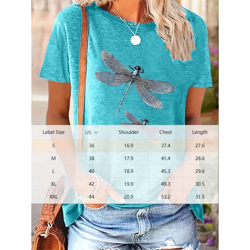 Women's Two Dragonflies Print Short Sleeve T-Shirt Casual Crew Neck Spring Summer Top