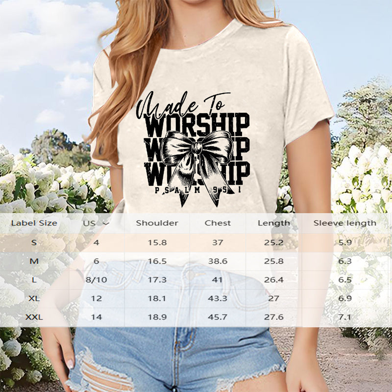 Women's Casual Round Neck T-Shirt, Printed With 'WORSHIP' And Bowknot Spring Summer Fashion Top