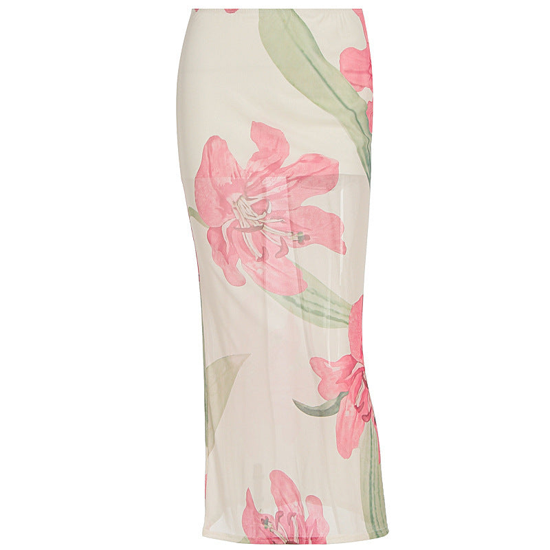 Dopamine Beach Vacation Pure Desire Style Printed Mesh Sheath Skirt