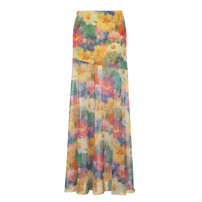 Island Oil Painting Style Blooming Printed Mesh Skirt