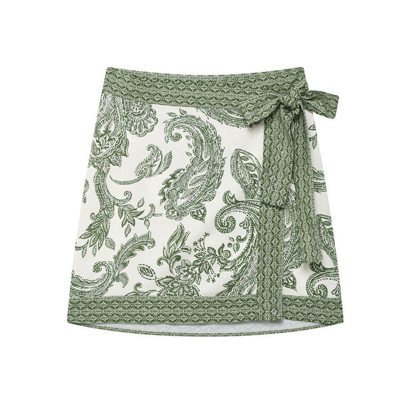 American Style Lace-up Bow Decorative Printed Sarong Skirt