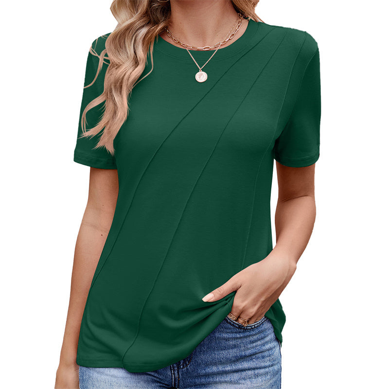 Women's Pleated Blouse - Short Sleeve Crew Neck Top Business Casual Loose Fit Shirt