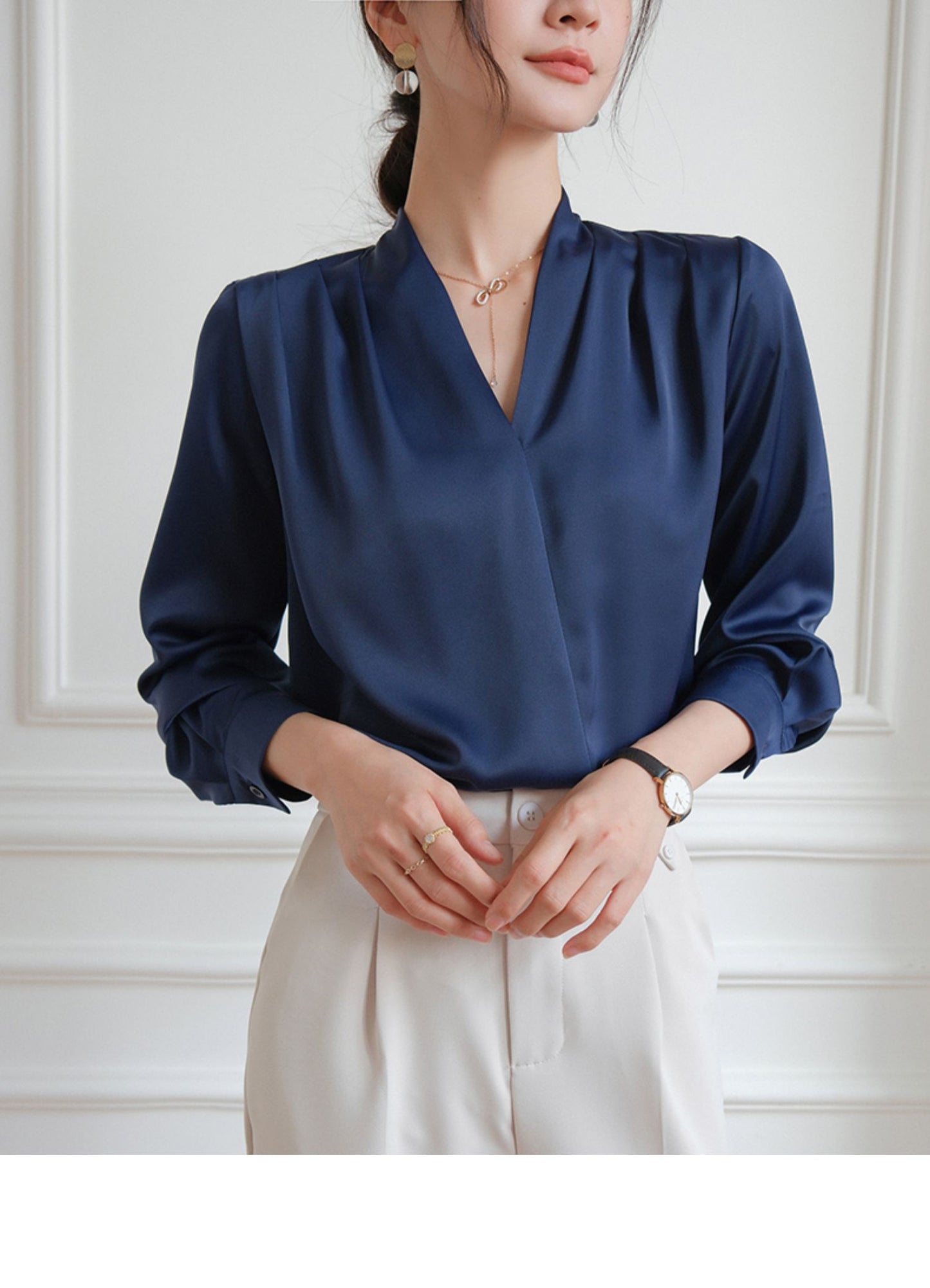 Elegant V-neck Satin Shirt Women's Commuter Formal Wear