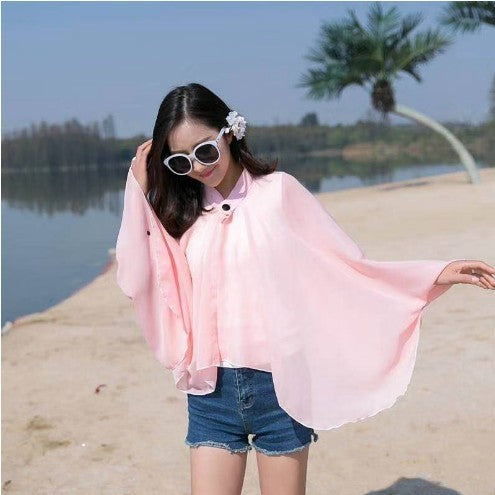 Solid Color Ventilation Shawl Button Chiffon Sunscreen Women's Fashion