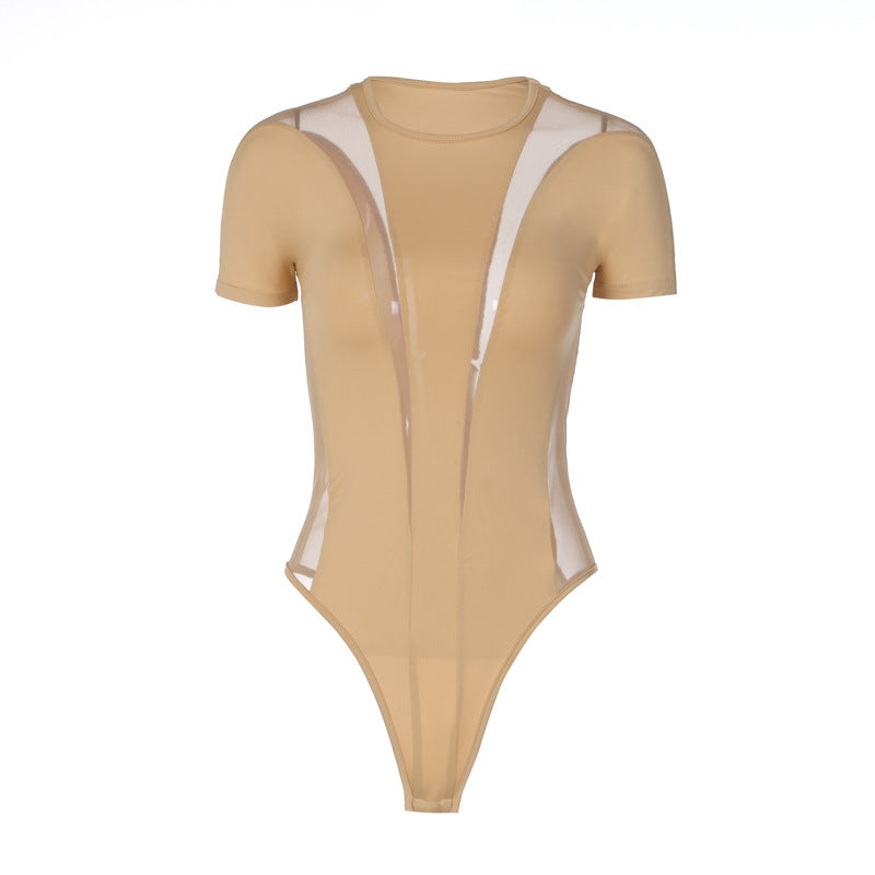Mesh Stitching Body Shaping Round Neck Short Sleeve Rompers