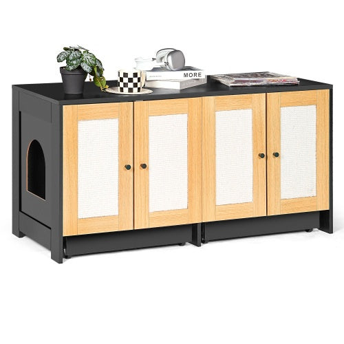 Double Litter Box Enclosure,Cat Litter Box Enclosure For 2 Cats, Hidden Litter Box Furniture With Rattan Doors, 47 L X 19.8 W X 21.8 H,Black