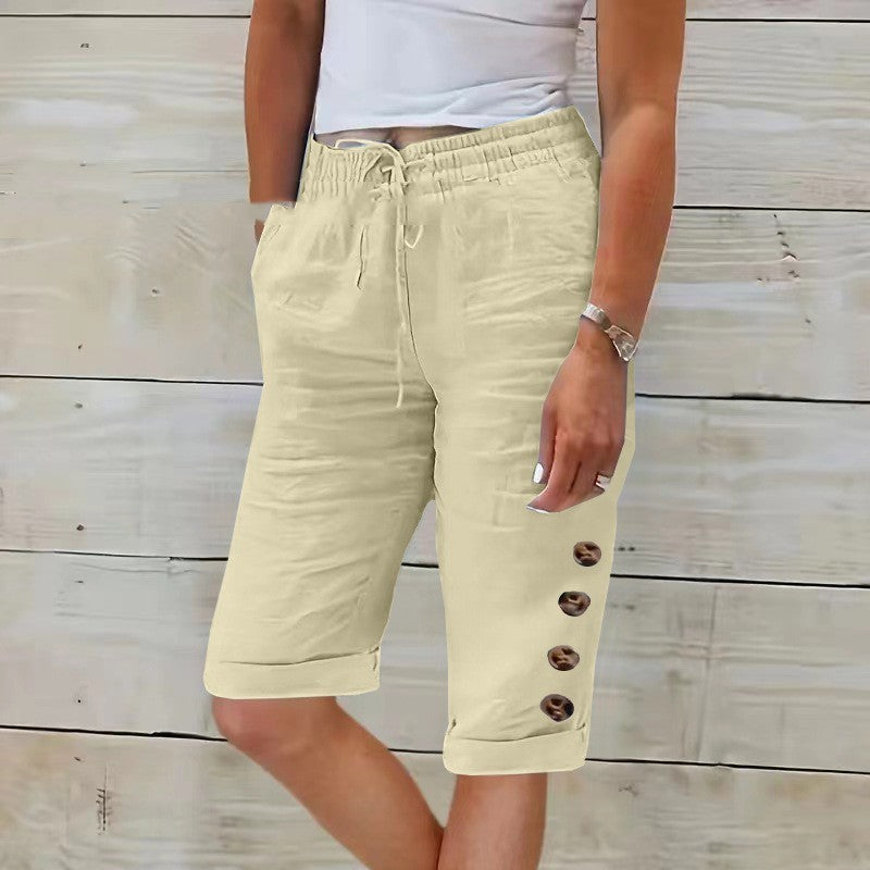 Summer Elastic Waist Solid Color Cotton Linen Wide Leg Pants