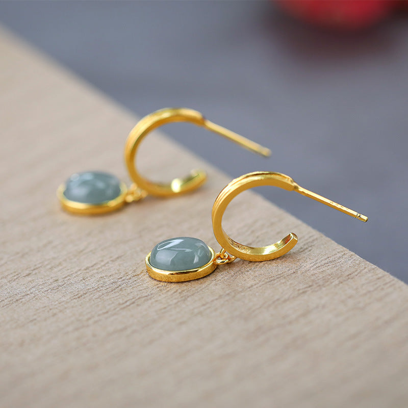 925 Silver Natural A Cargo Blue Water Jade Egg Surface Earrings