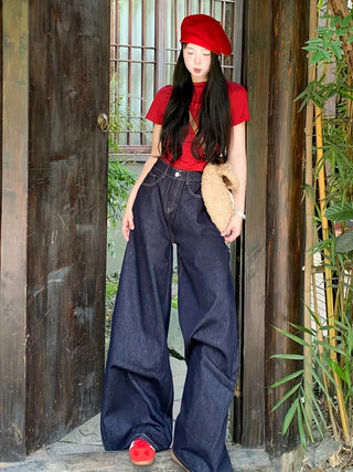 Dark Blue Retro Loose Wide-leg Pants For Women High Waist Drape Jeans Summer Versatile Mopping Trousers