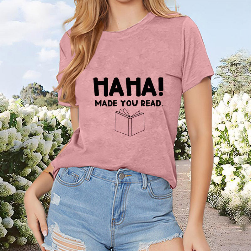 Women's Book & Slogan Print Round Neck T-Shirt Casual Short Sleeve Spring Summer Top
