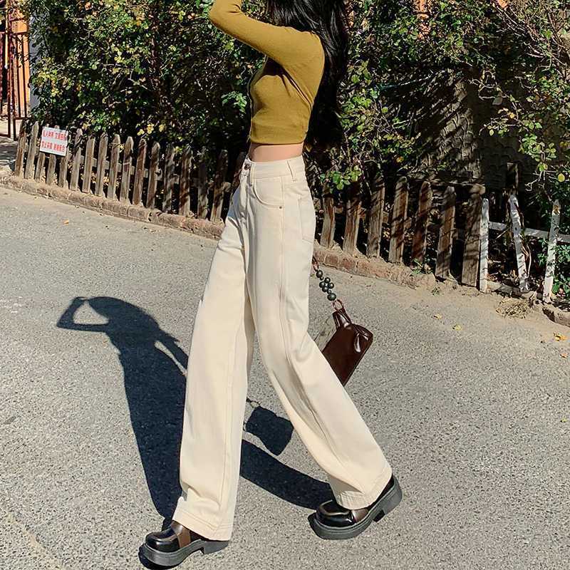 Beige High Waist Straight Skinny Jeans For Women Design Wide Leg Drape Mopping Pants