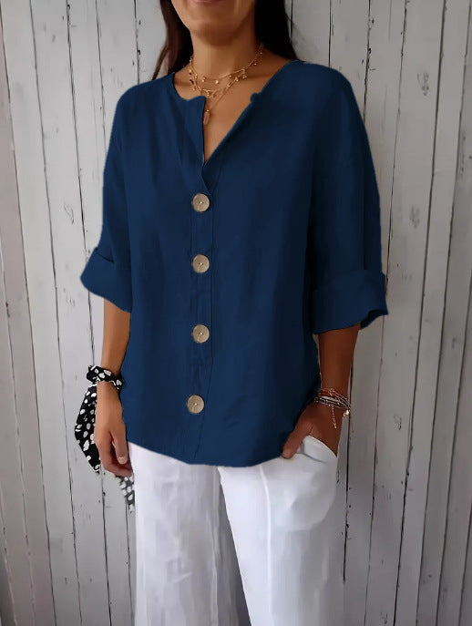 Summer New Loose T-shirt Women's V-neck Solid Color Button Three-quarters Sleeve Top