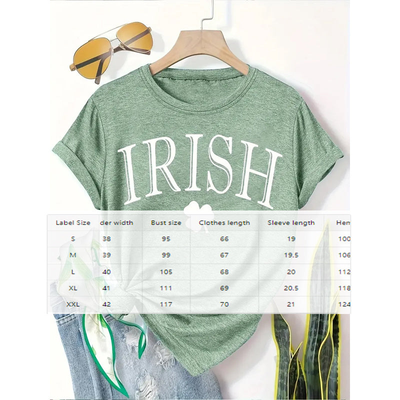 Women's Clover Print T-Shirt Breathable Summer Tee With Letter Design Casual Loose Fit Short Sleeve Top