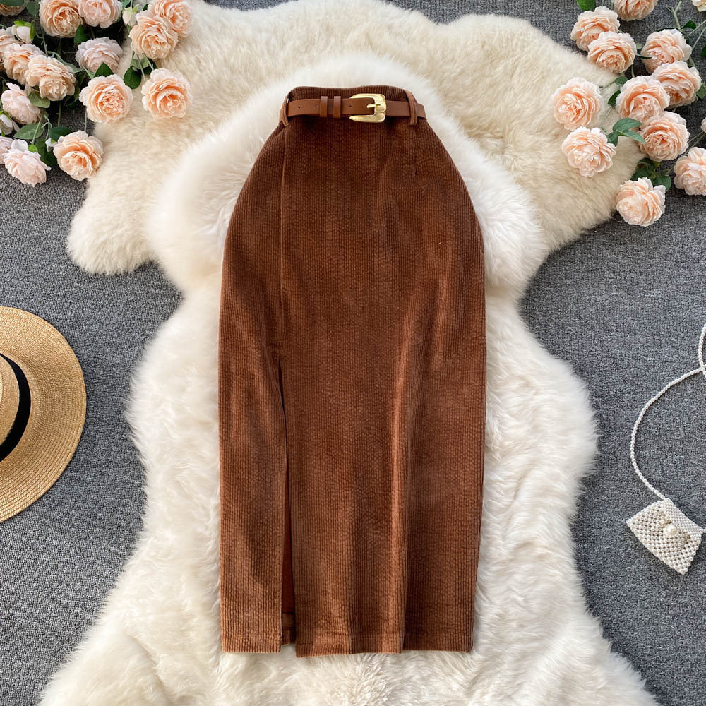 Early Autumn Hong Kong Style Retro Split Skirt Winter With Sweater Mid-length