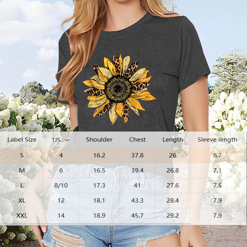 Women's Sunflower Print T Shirt Crew Neck Casual Short Sleeve Top Summer Fashion