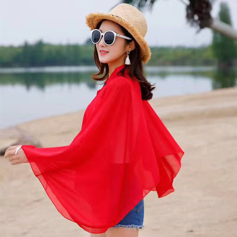 Solid Color Ventilation Shawl Button Chiffon Sunscreen Women's Fashion