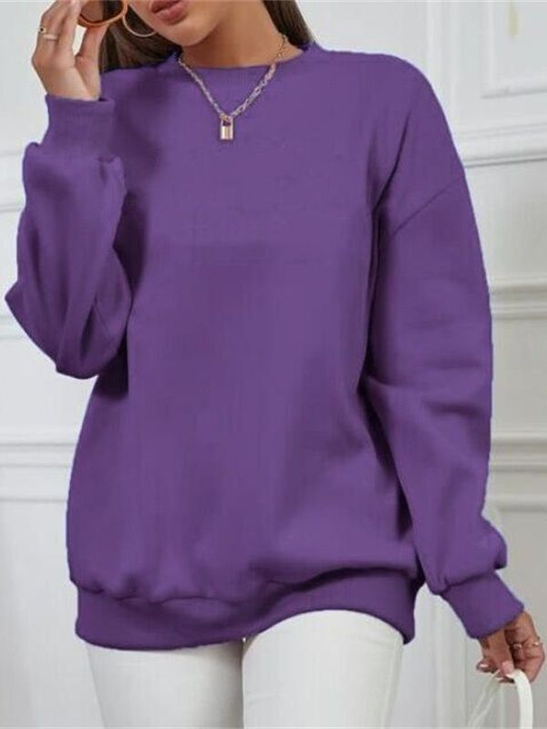 Fleece-lined Thick Round Neck Loose-fitting Solid Color Long Sleeves Sweater