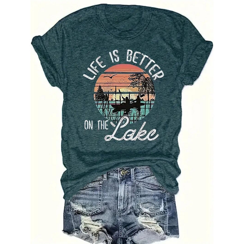 Women's Lakeside Rowing Scene Print Short Sleeve T-Shirt Casual Crew Neck Summer Top