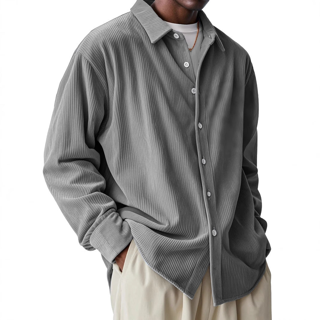 Men's Loose Trendy Long Sleeve Solid Color Polo Collar Shirt