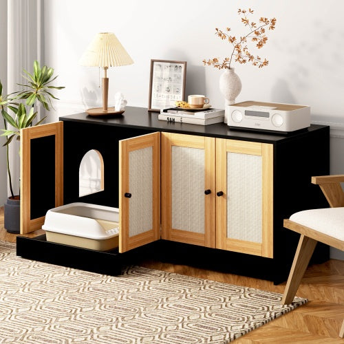 Double Litter Box Enclosure,Cat Litter Box Enclosure For 2 Cats, Hidden Litter Box Furniture With Rattan Doors, 47 L X 19.8 W X 21.8 H,Black