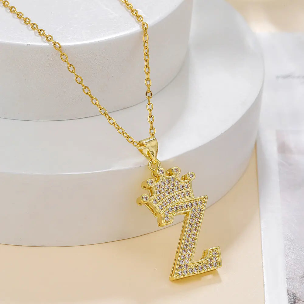 1PCS Fashionable Gold Diamond Crown Uppercase Letter Popular Pendant Necklace Suitable For Daily Use Festivals Parties Gifts Jewelry Set Ocean Vault