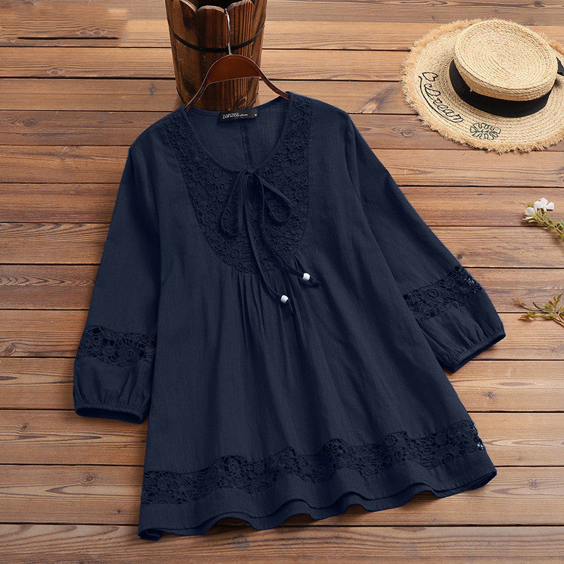 New Spring Autumn Cotton Hemp Splicing Lace Style Three Quarter Sleeve Loose Women's Top T-shirt