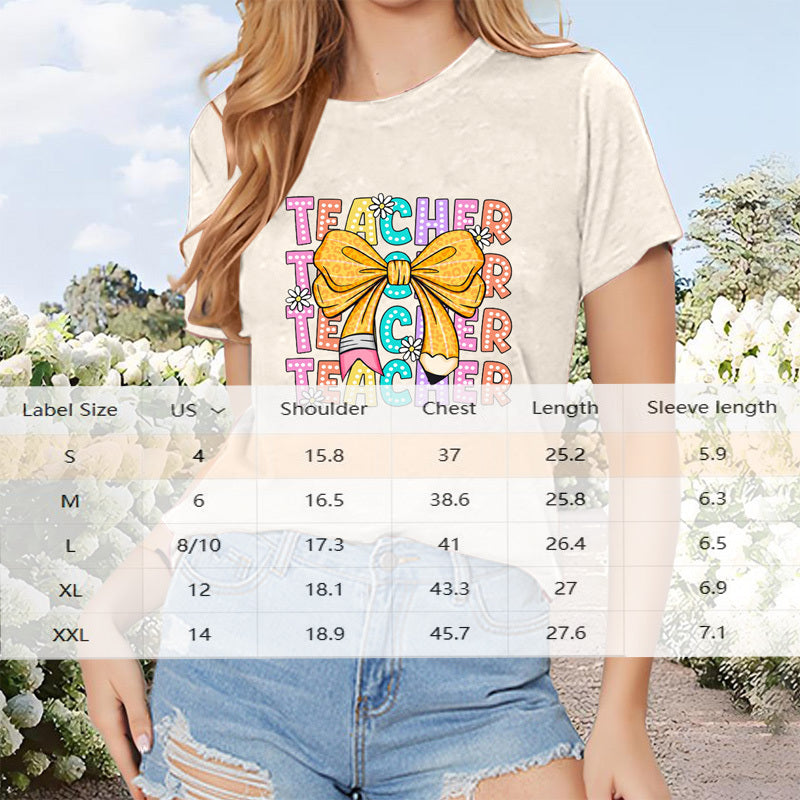 Women's Round Neck 'Teacher' & Bowknot Print Fashion Casual Short Sleeve T-Shirt