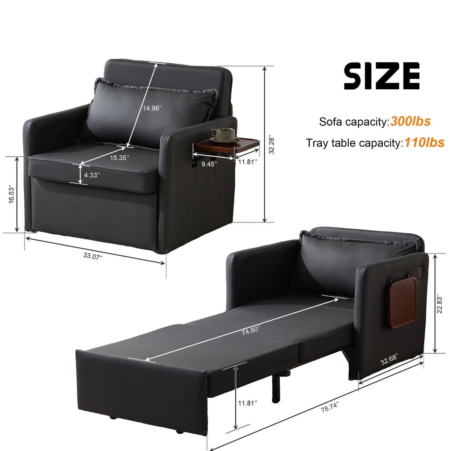 Adult Sleeper Chair Bed, 3-in-1 Convertible Sofa Chair Bed Pull-out Sofa Bed, Convenient Folding Tray Table With USB And Type-C Charging Ports For Living Room Cannot Be Sold On Temu