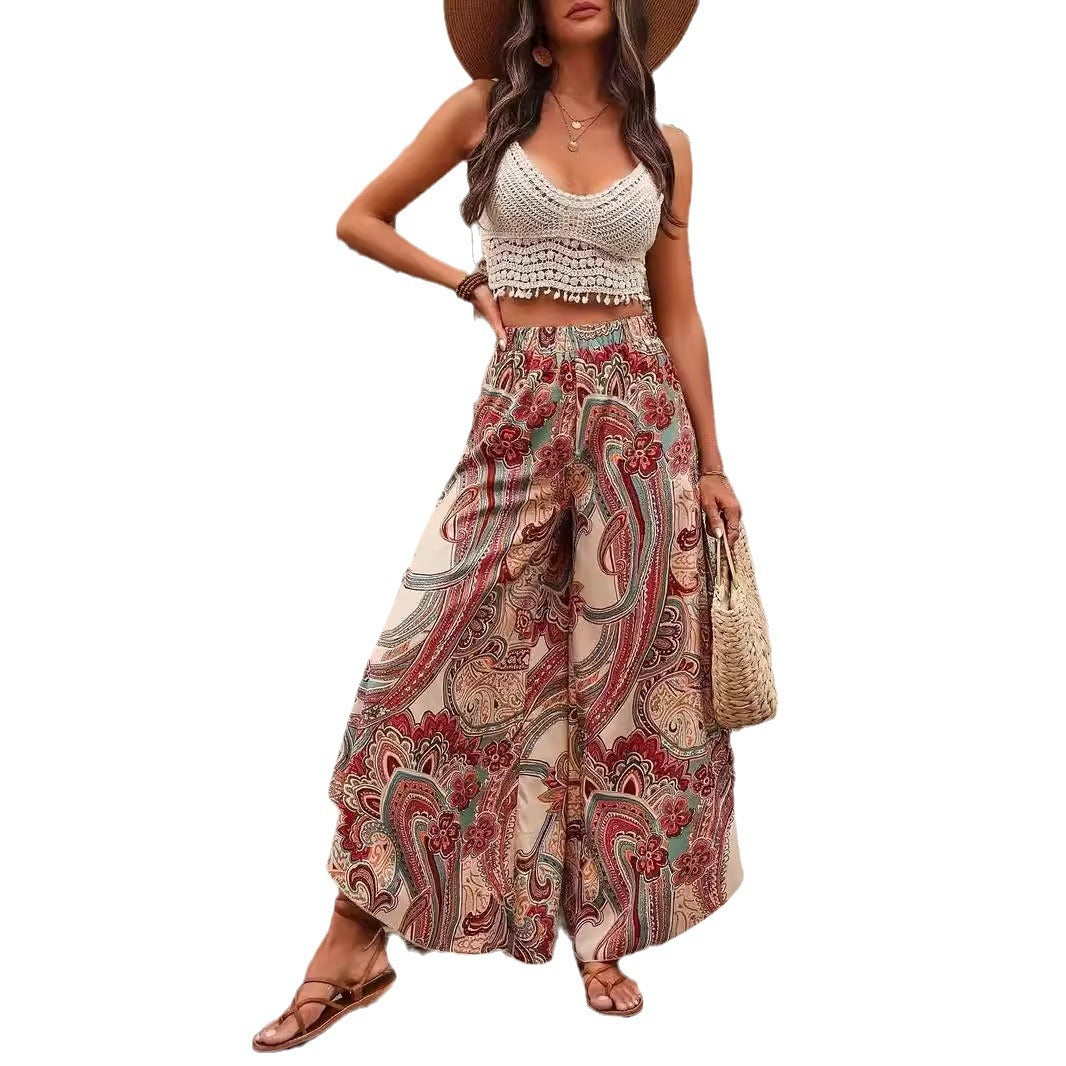 Elegant High Waist Casual Bohemian Vacation Style Wide Leg Pants