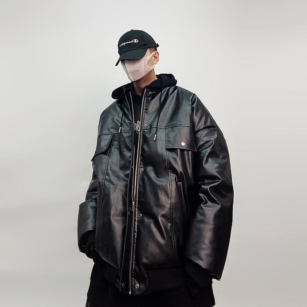 Winter Warm White Duck Down Jacket American Style Loose PU Leather Baseball Uniform Thickened Jacket