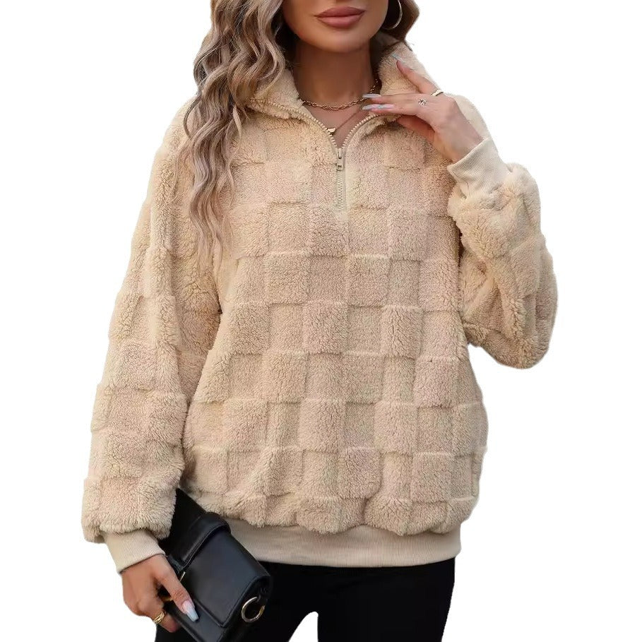 Women's Half Zipped Stand Collar Loose Plaid Plush Pullover Sweater