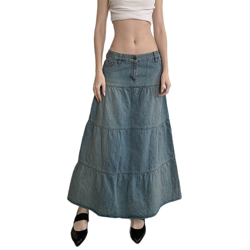 Vacation Style Low Waist Old Washed Blue Loose Slimming Denim Skirt