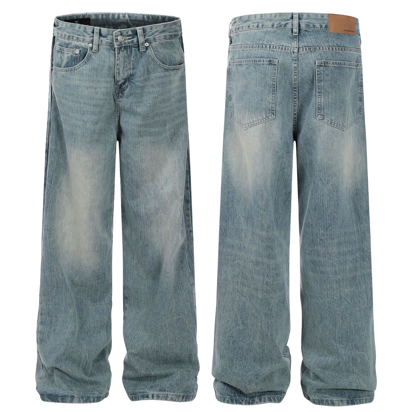 Men's High-grade Washed Blue Deconstructive Design Loose Jeans