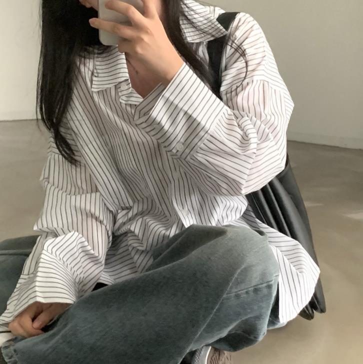 All-match Single-breasted Lapel Long Sleeve Bottoming Striped Shirt