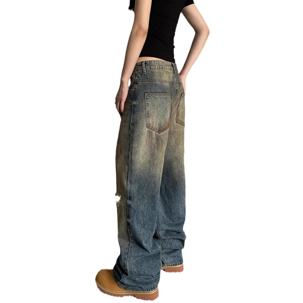 Niche Make Old Ripped Denim Fashion Brand Loose Straight Wide Leg Smart Trousers