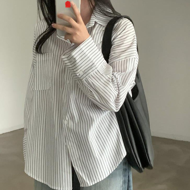 All-match Single-breasted Lapel Long Sleeve Bottoming Striped Shirt