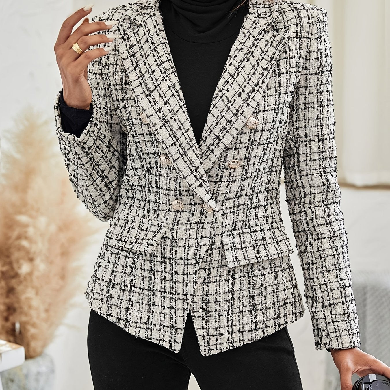 Plaid Pattern Blazer Elegant Plaid Double Button Blazer