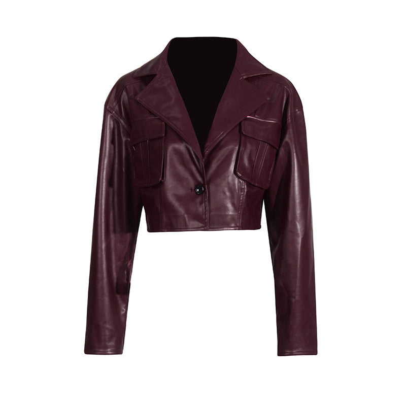 Patchwork Pocket Cropped Leather Coat Women