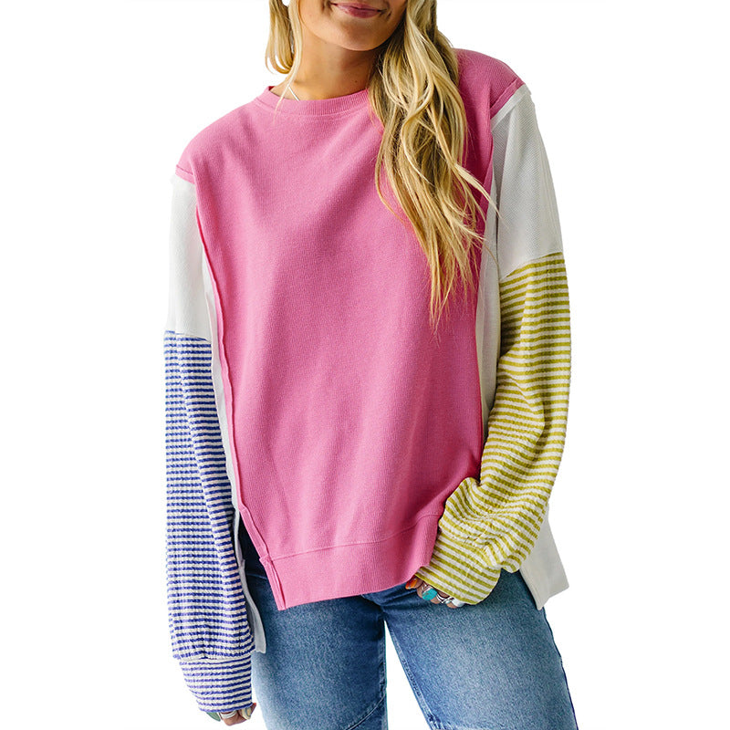 Autumn New Round-neck Pullover Women's Color Matching Long Sleeve
