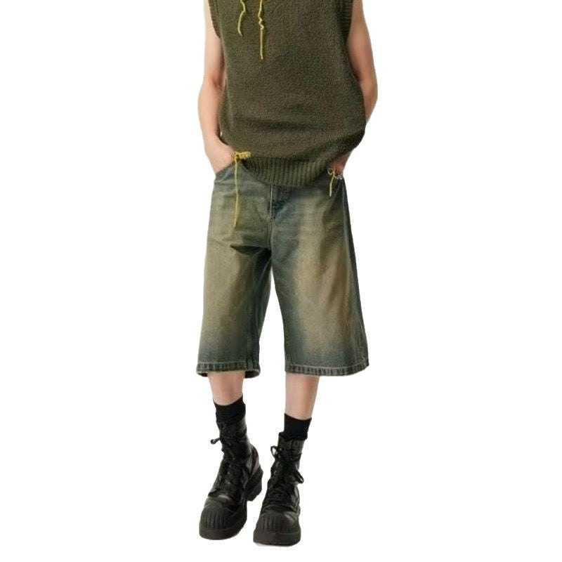 Washed Casual Baggy Straight Trousers Middle Ripped Cropped Pants