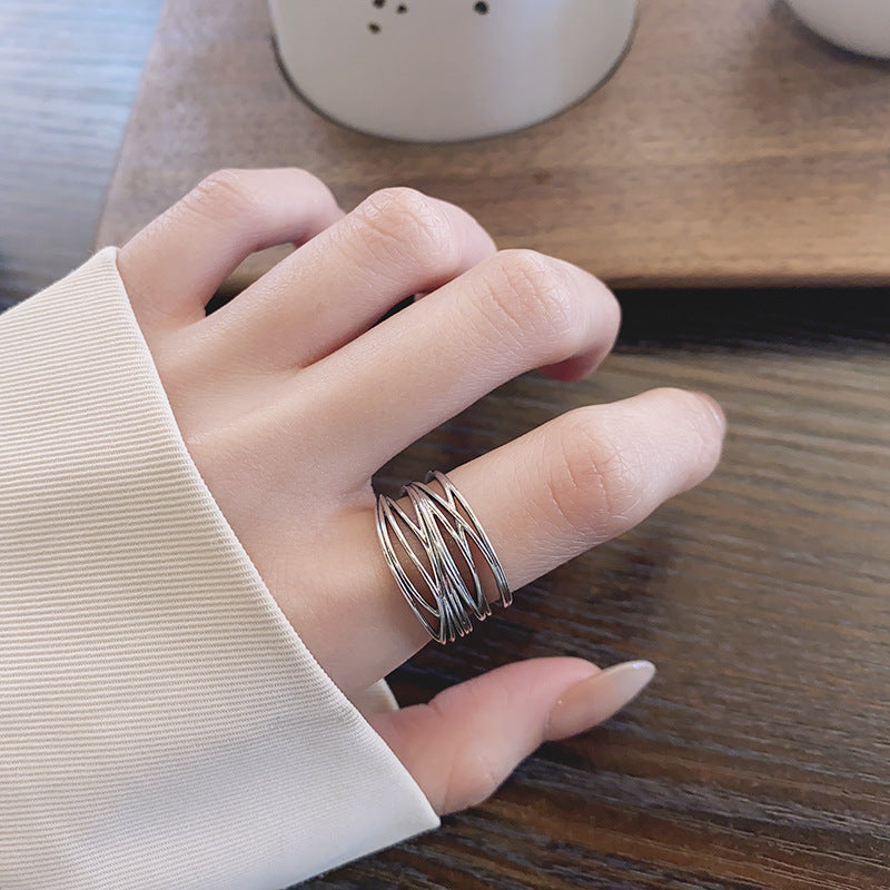 S925 Silver Fashion Vintage Distressed Cross Winding Line Ring