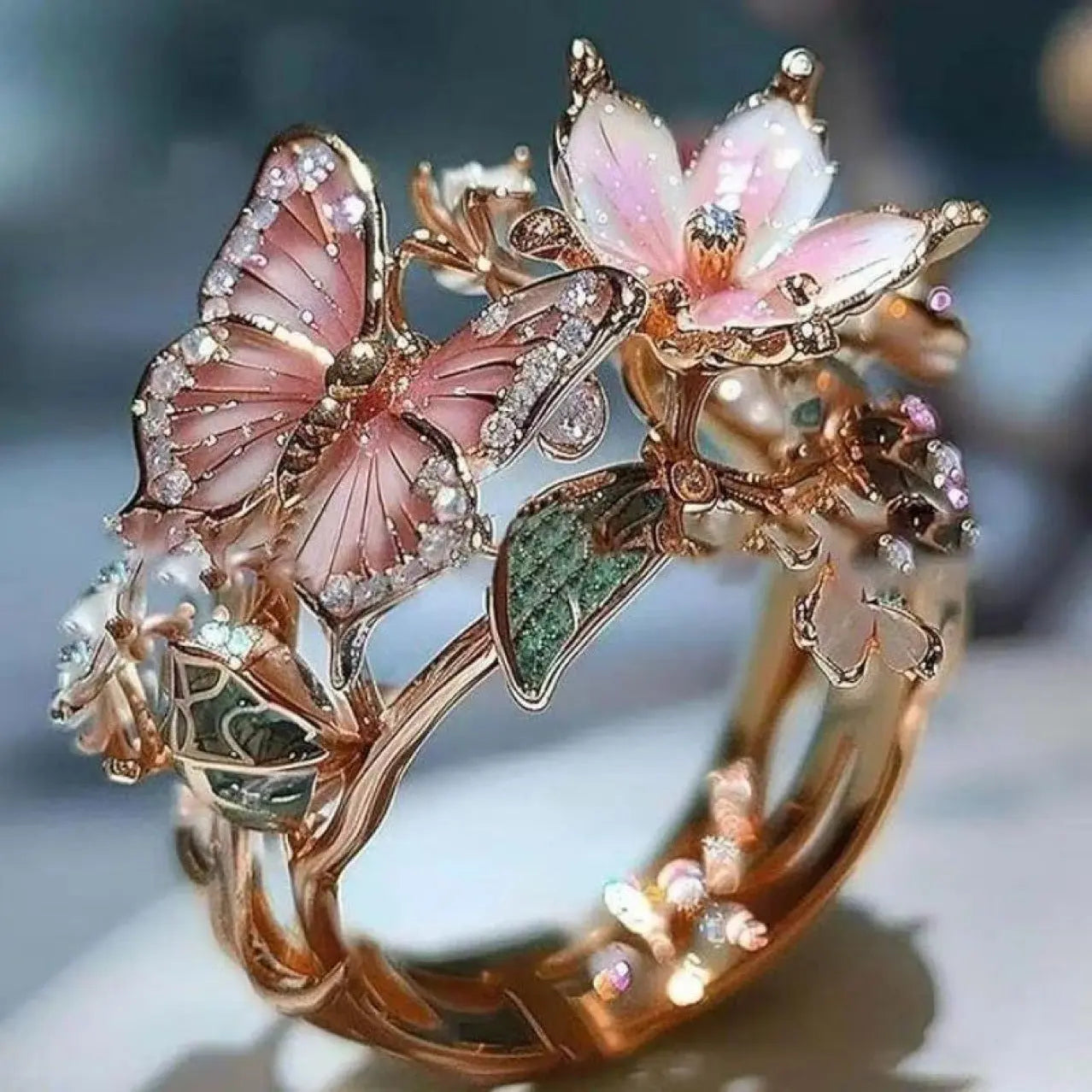 INS Flower Butterfly Ring With Rhinestones And Oil Dropping Design Fashion Personalized Jewelry For Women - Ocean Vault